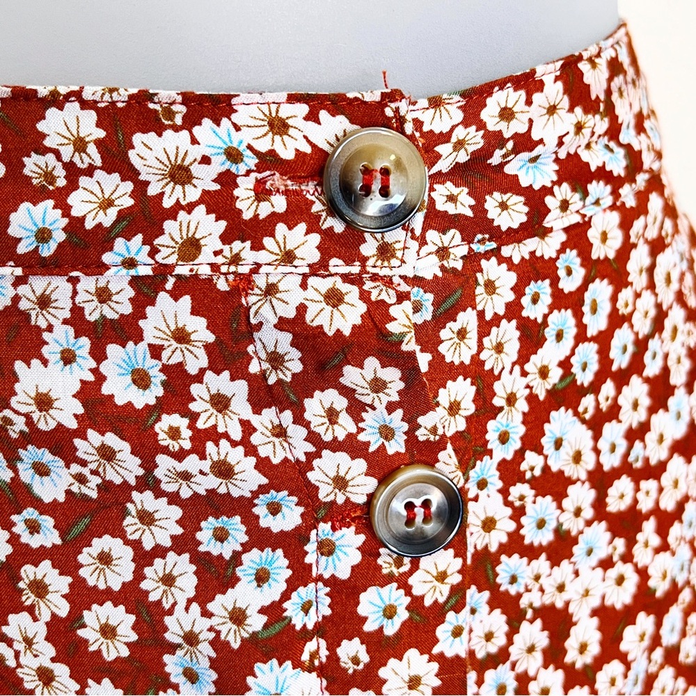 Rust Floral Mini Button Down Skater Skirt Womens 9 Floaty Casual Fall - Picture 3 of 8